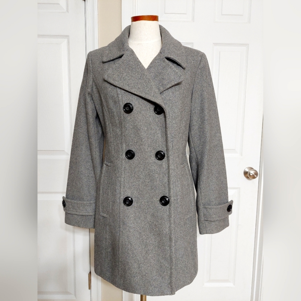 Anne Klein Women's Double Breasted Gray Wool-blend Peacoat Sz Medium